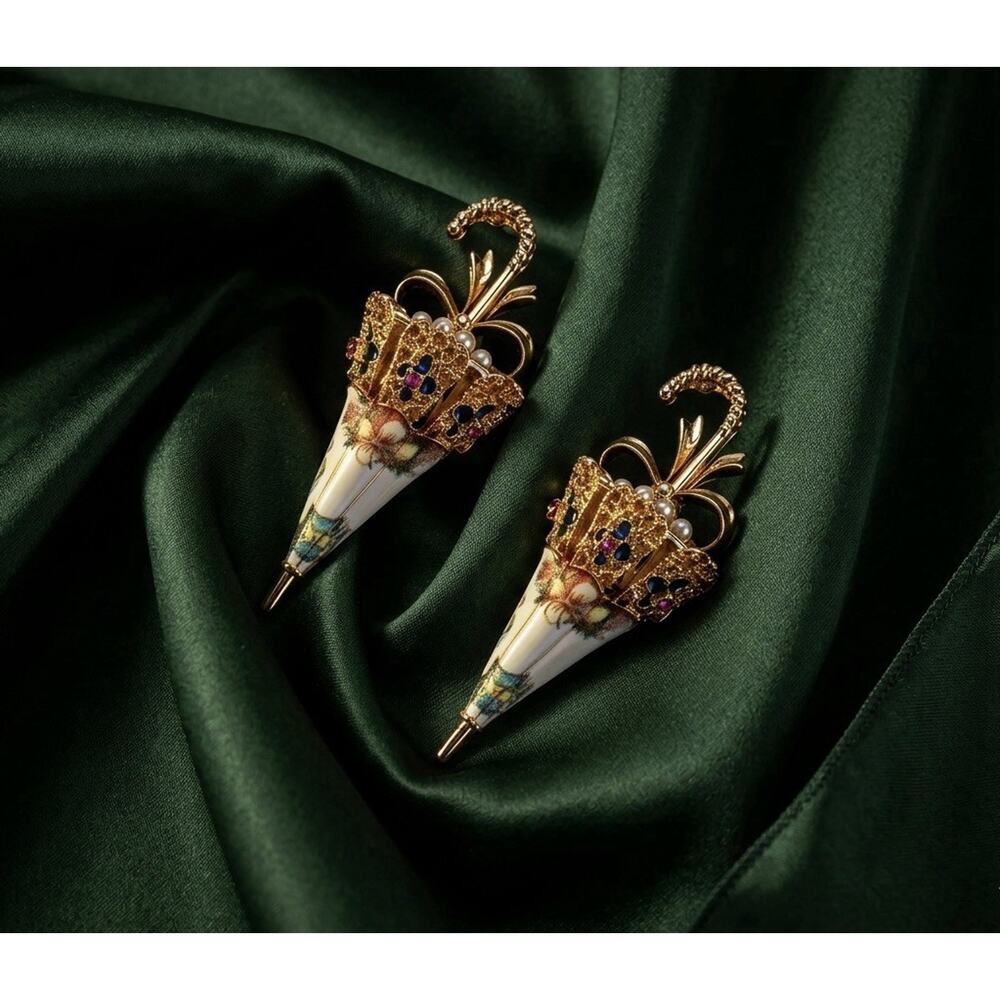 Umbrella Museum Earrings Art Antique VTG CZ Pearl Gold Retro Revival Flower Boho - Picture 2 of 9